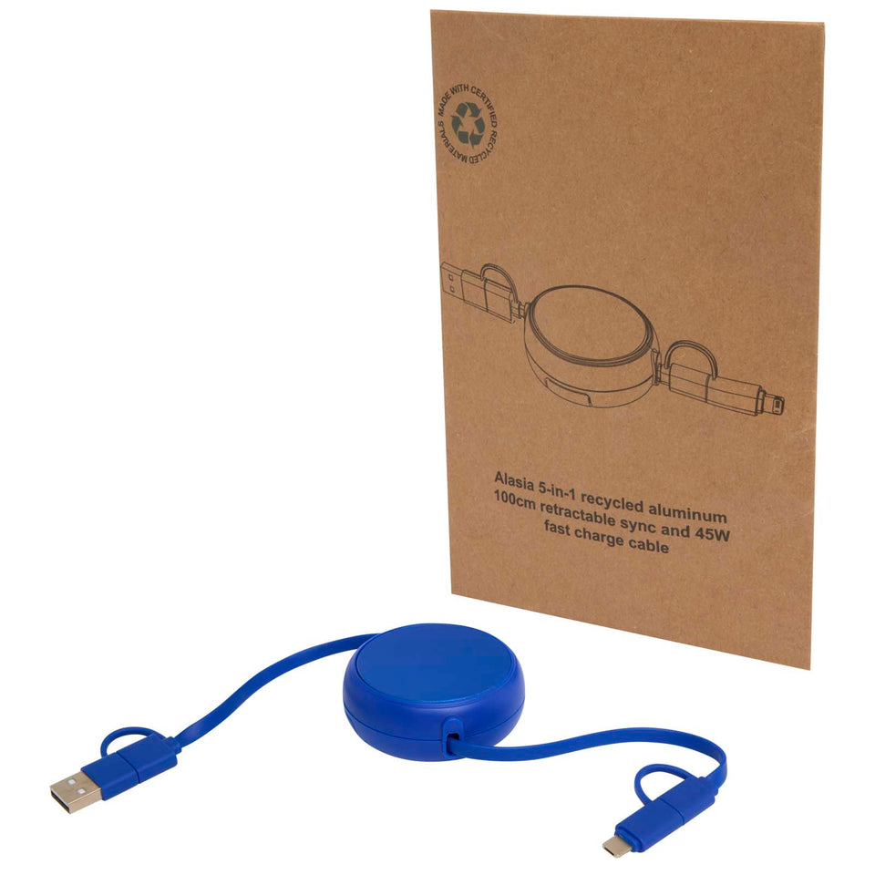 Cavo retrattile 5 in 1 da 100 cm in plastica riciclata e alluminio per la sincronizzazione dei dati e la ricarica rapida da 4 personalizzato con logo - Pubblienne