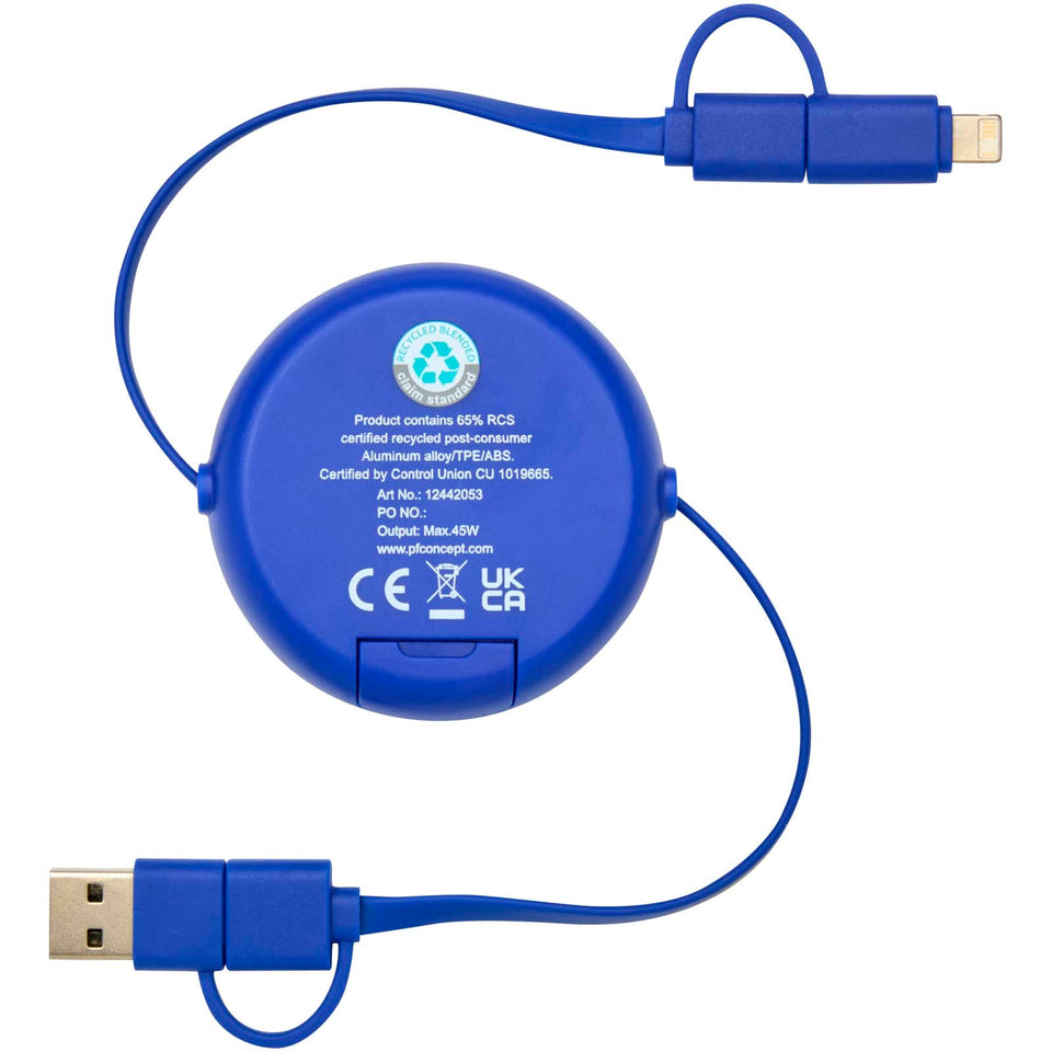 Cavo retrattile 5 in 1 da 100 cm in plastica riciclata e alluminio per la sincronizzazione dei dati e la ricarica rapida da 4 personalizzato con logo - Pubblienne