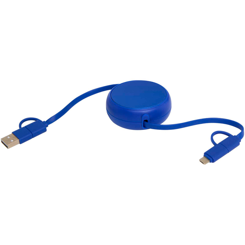 Cavo retrattile 5 in 1 da 100 cm in plastica riciclata e alluminio per la sincronizzazione dei dati e la ricarica rapida da 4 personalizzato con logo - Pubblienne