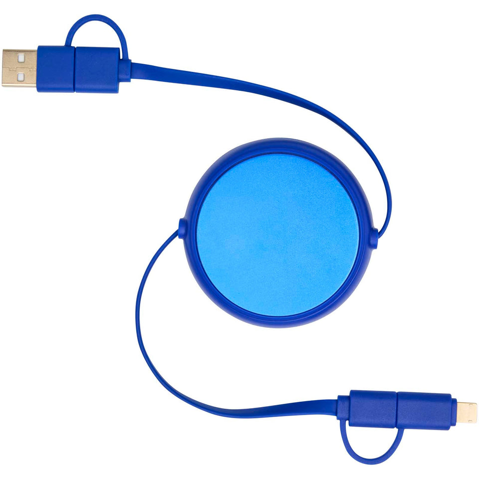 Cavo retrattile 5 in 1 da 100 cm in plastica riciclata e alluminio per la sincronizzazione dei dati e la ricarica rapida da 4 personalizzato con logo - Pubblienne