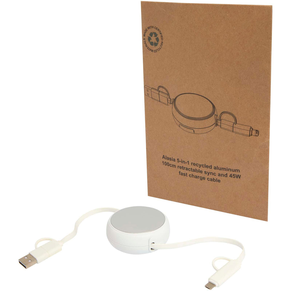 Cavo retrattile 5 in 1 da 100 cm in plastica riciclata e alluminio per la sincronizzazione dei dati e la ricarica rapida da 4 personalizzato con logo - Pubblienne