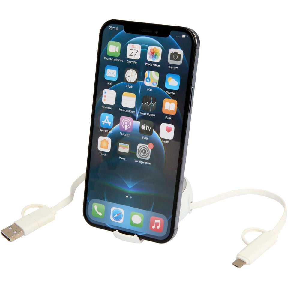Cavo retrattile 5 in 1 da 100 cm in plastica riciclata e alluminio per la sincronizzazione dei dati e la ricarica rapida da 4 personalizzato con logo - Pubblienne