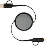 Cavo retrattile 5 in 1 da 100 cm in plastica riciclata e alluminio per la sincronizzazione dei dati e la ricarica rapida da 4 personalizzato con logo - Pubblienne