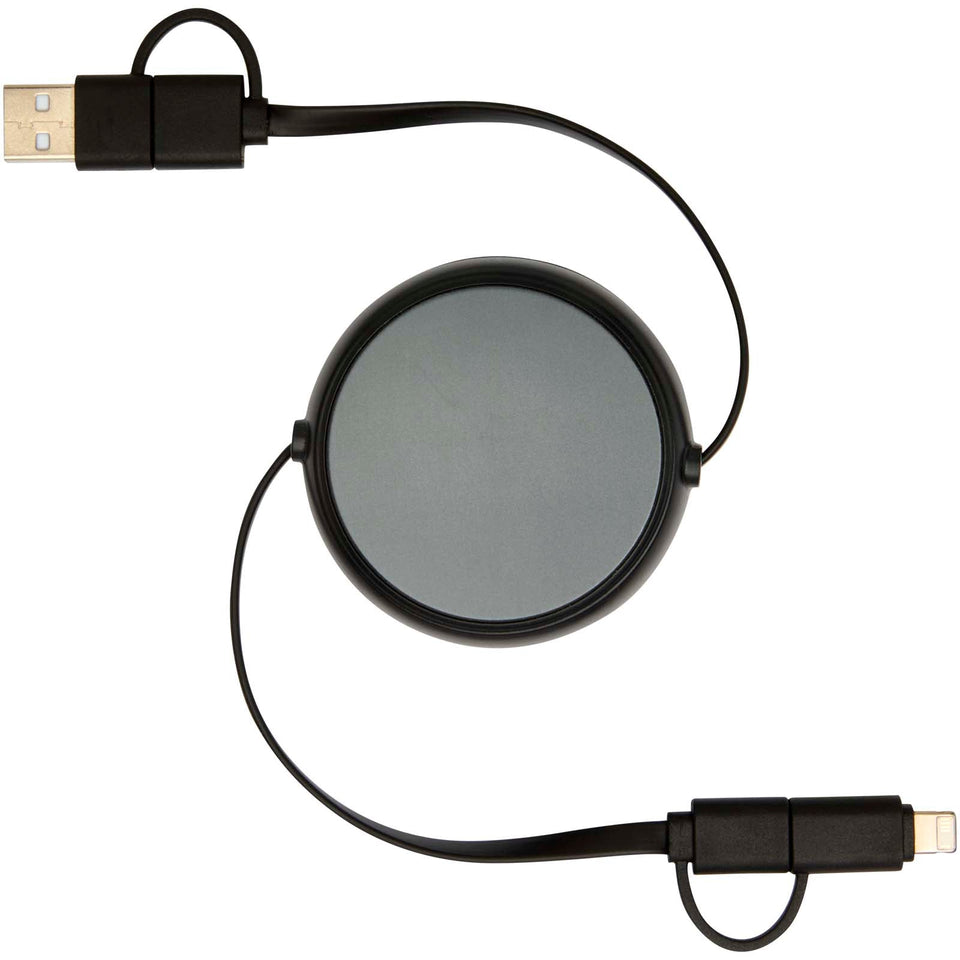 Cavo retrattile 5 in 1 da 100 cm in plastica riciclata e alluminio per la sincronizzazione dei dati e la ricarica rapida da 4 personalizzato con logo - Pubblienne
