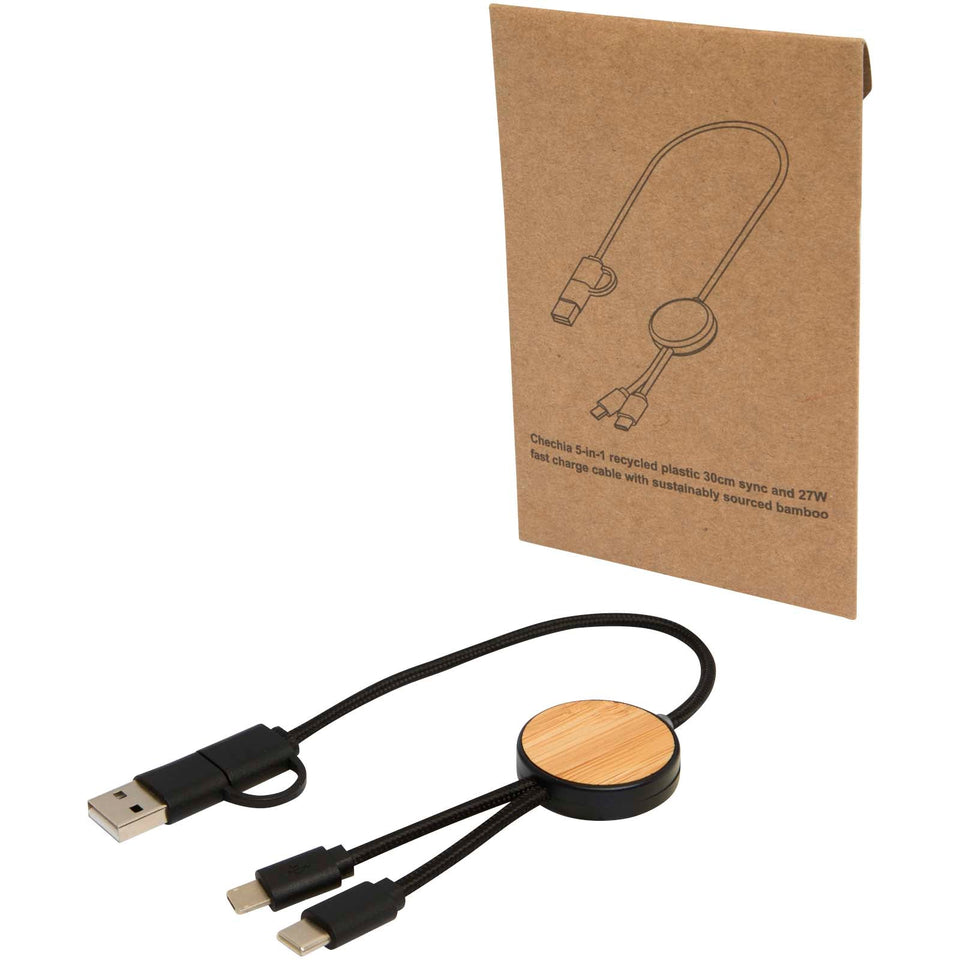 Cavo 5-in-1 in plastica riciclata da 30 cm per la sincronizzazione dei dati e la ricarica rapida da 27 W con dettagli in bamb personalizzato con logo - Pubblienne