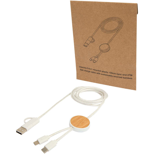 Cavo 5-in-1 in plastica riciclata da 150 cm per la sincronizzazione dei dati e la ricarica rapida da 27 W con dettagli in bam personalizzato con logo - Pubblienne