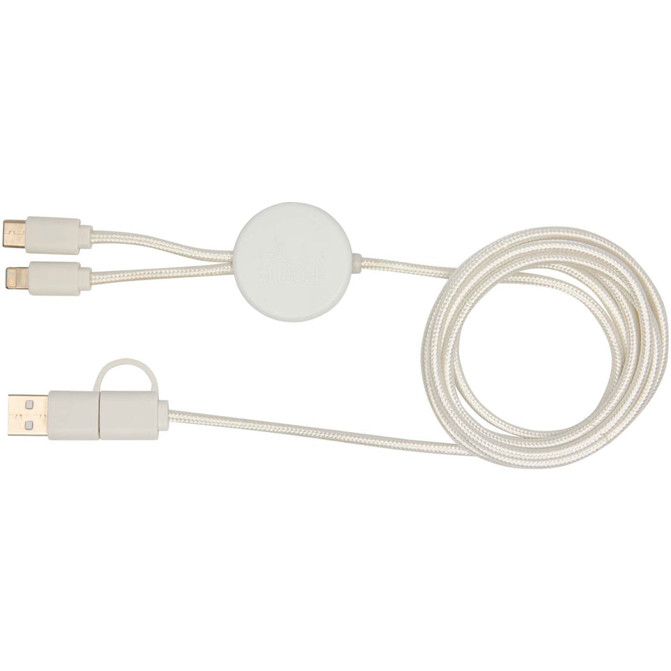 Cavo 5-in-1 in plastica riciclata da 150 cm per la sincronizzazione dei dati e la ricarica rapida da 27 W con dettagli in bam personalizzato con logo - Pubblienne