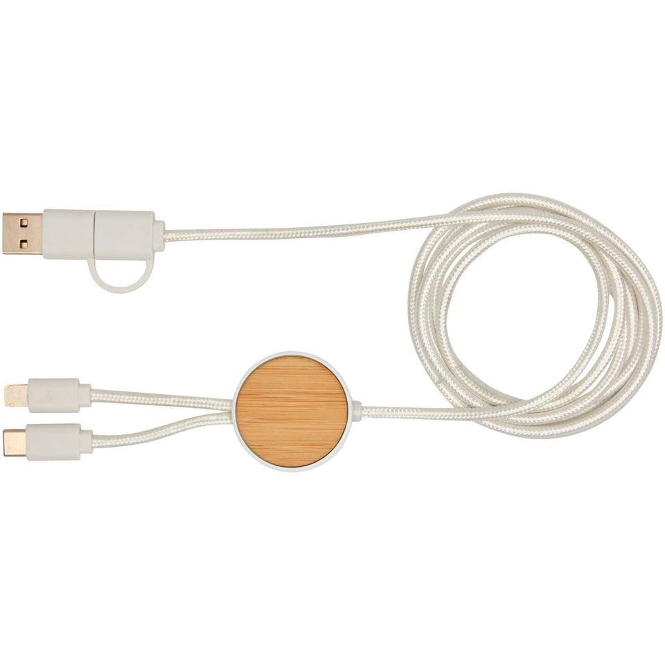 Cavo 5-in-1 in plastica riciclata da 150 cm per la sincronizzazione dei dati e la ricarica rapida da 27 W con dettagli in bam personalizzato con logo - Pubblienne