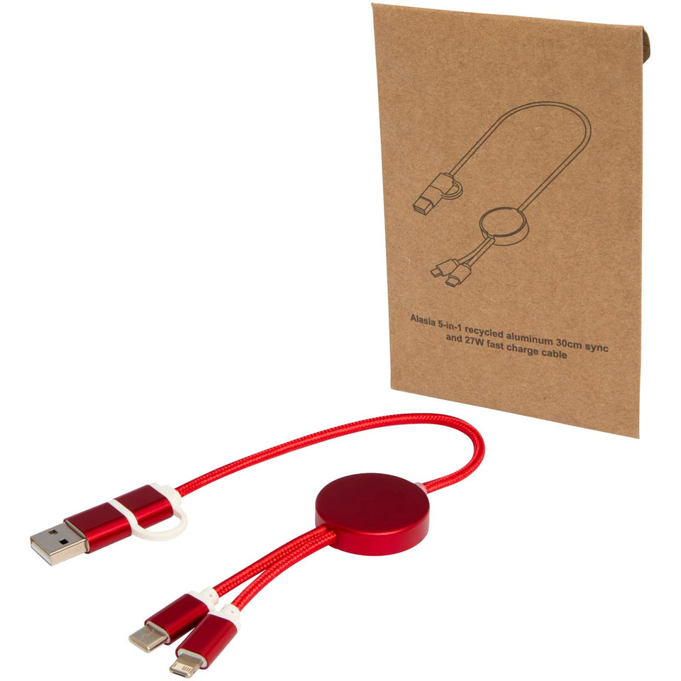 Cavo 5-in-1 in alluminio e plastica riciclata da 30 cm per la sincronizzazione dei dati e la ricarica rapida da 27 W Alasia personalizzato con logo - Pubblienne