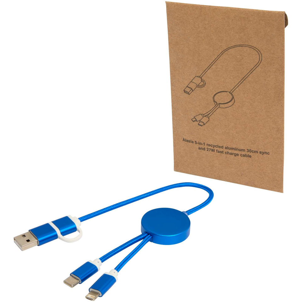 Cavo 5-in-1 in alluminio e plastica riciclata da 30 cm per la sincronizzazione dei dati e la ricarica rapida da 27 W Alasia personalizzato con logo - Pubblienne