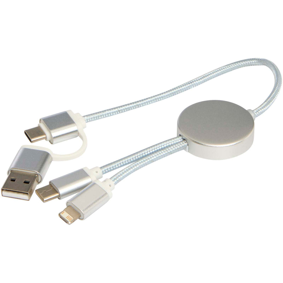 Cavo 5-in-1 in alluminio e plastica riciclata da 30 cm per la sincronizzazione dei dati e la ricarica rapida da 27 W Alasia personalizzato con logo - Pubblienne