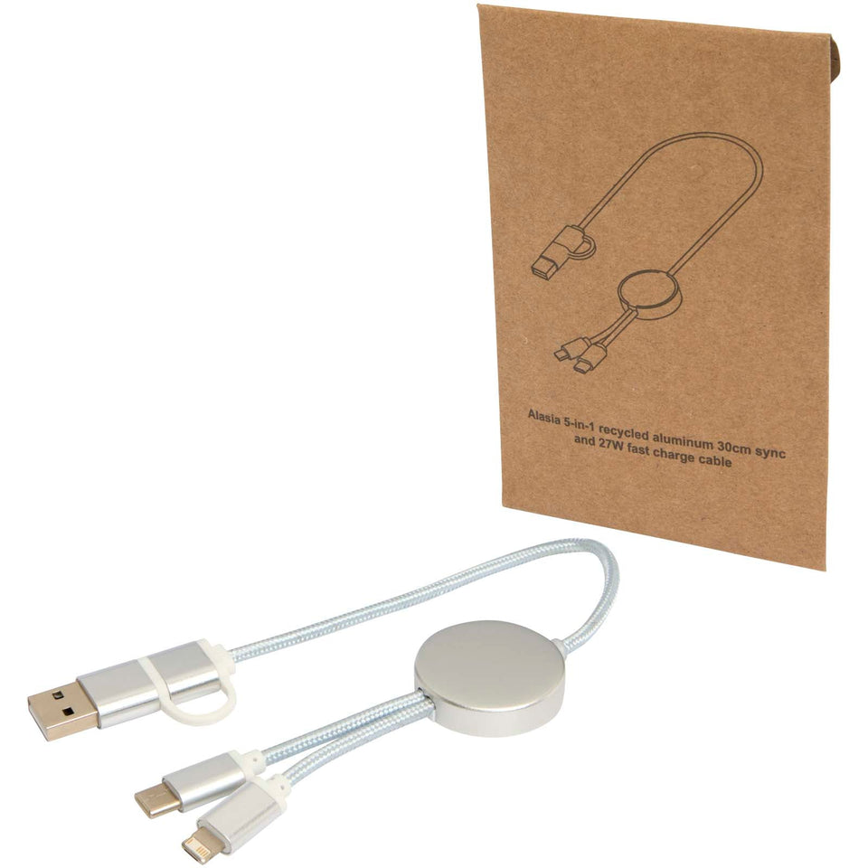 Cavo 5-in-1 in alluminio e plastica riciclata da 30 cm per la sincronizzazione dei dati e la ricarica rapida da 27 W Alasia personalizzato con logo - Pubblienne
