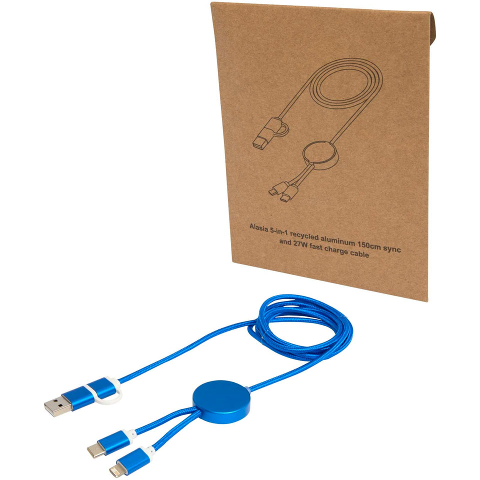 Cavo 5-in-1 in alluminio e plastica riciclata da 150 cm per la sincronizzazione dei dati e la ricarica rapida da 27 W Alasia personalizzato con logo - Pubblienne