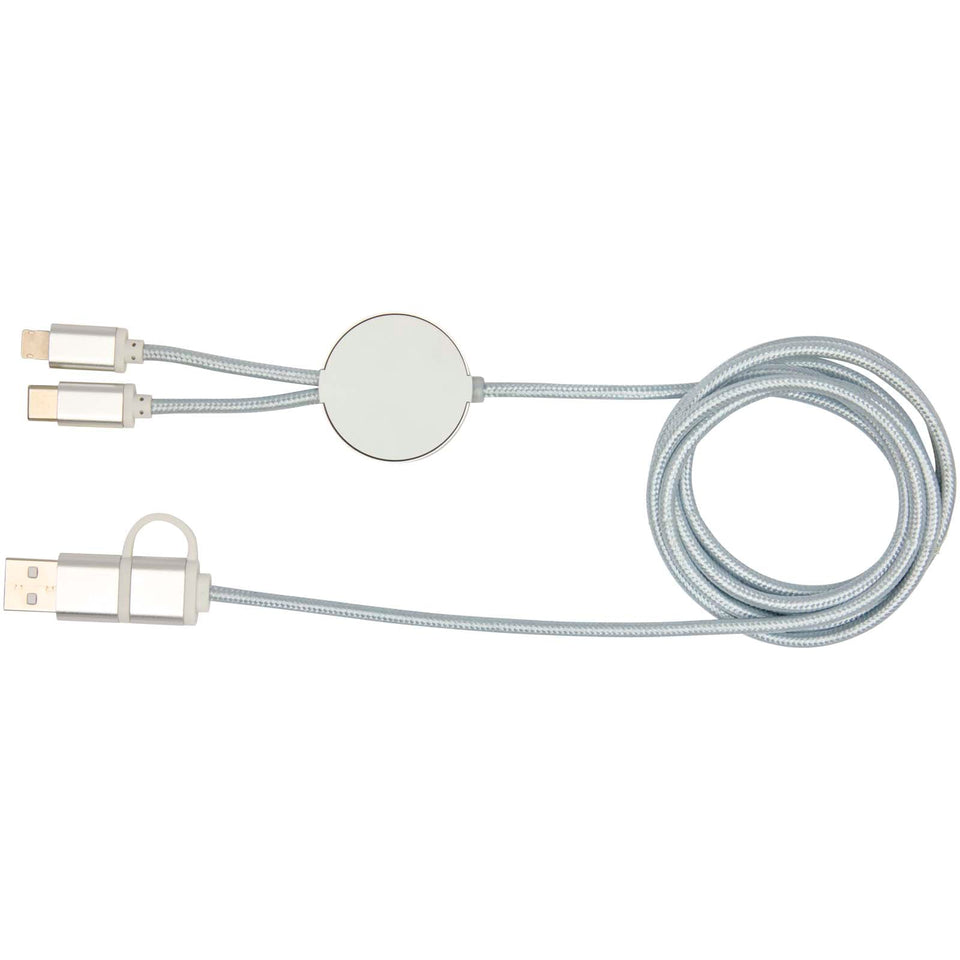 Cavo 5-in-1 in alluminio e plastica riciclata da 150 cm per la sincronizzazione dei dati e la ricarica rapida da 27 W Alasia personalizzato con logo - Pubblienne