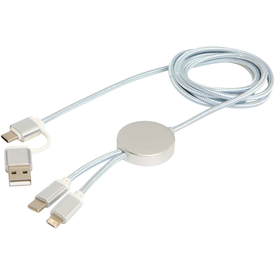 Cavo 5-in-1 in alluminio e plastica riciclata da 150 cm per la sincronizzazione dei dati e la ricarica rapida da 27 W Alasia personalizzato con logo - Pubblienne