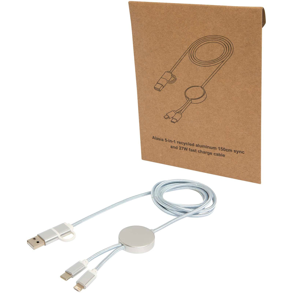 Cavo 5-in-1 in alluminio e plastica riciclata da 150 cm per la sincronizzazione dei dati e la ricarica rapida da 27 W Alasia personalizzato con logo - Pubblienne