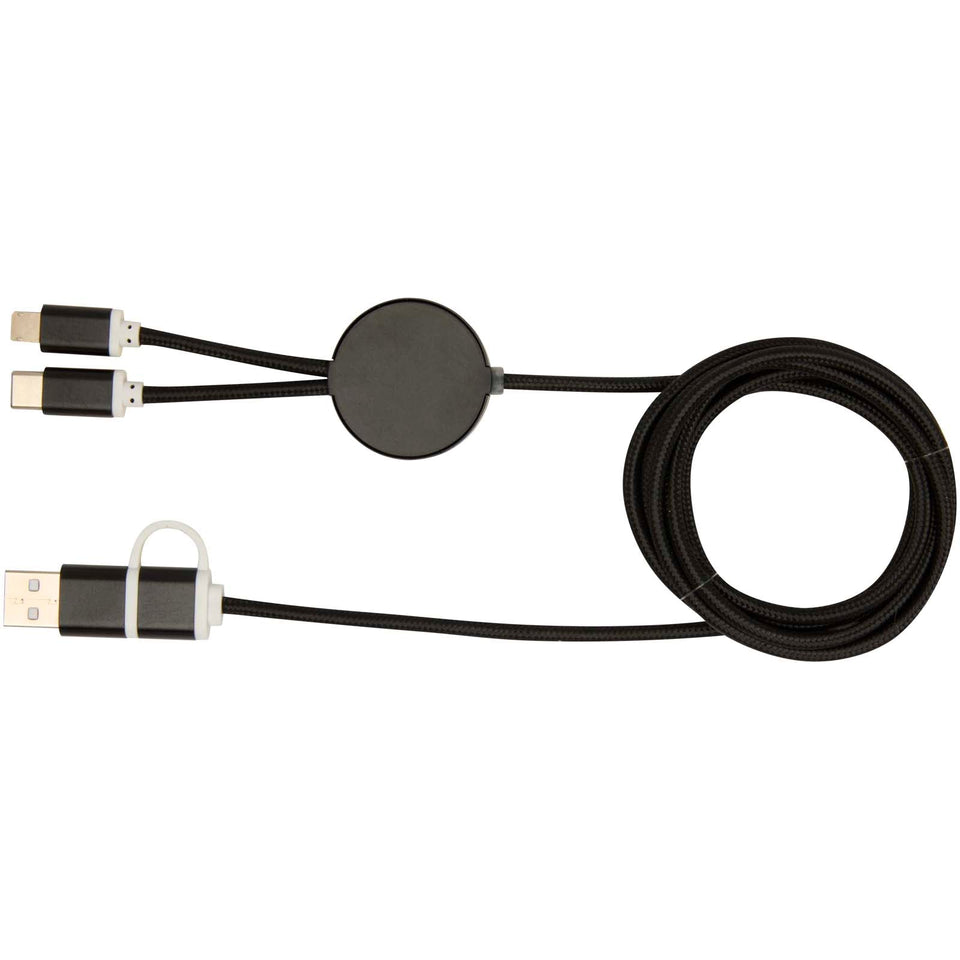 Cavo 5-in-1 in alluminio e plastica riciclata da 150 cm per la sincronizzazione dei dati e la ricarica rapida da 27 W Alasia personalizzato con logo - Pubblienne