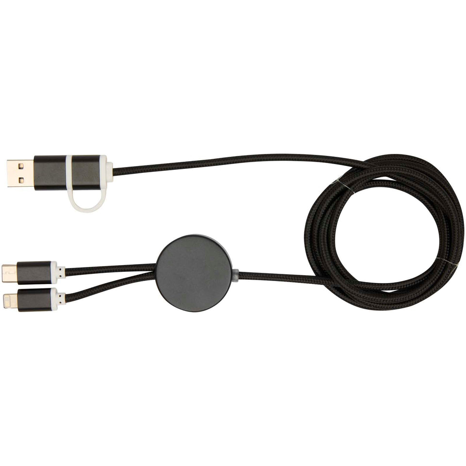 Cavo 5-in-1 in alluminio e plastica riciclata da 150 cm per la sincronizzazione dei dati e la ricarica rapida da 27 W Alasia personalizzato con logo - Pubblienne