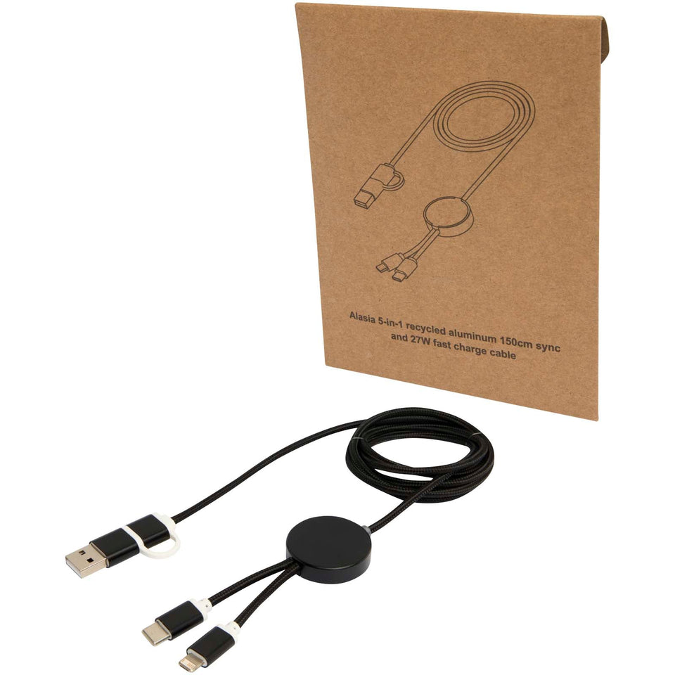 Cavo 5-in-1 in alluminio e plastica riciclata da 150 cm per la sincronizzazione dei dati e la ricarica rapida da 27 W Alasia personalizzato con logo - Pubblienne