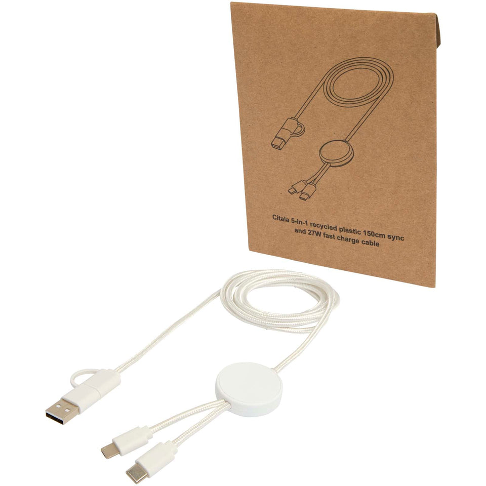 Cavo 5-in-1 in plastica riciclata da 150 cm per la sincronizzazione dei dati e la ricarica rapida da 27 W Citala personalizzato con logo - Pubblienne