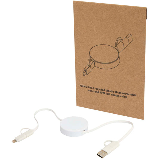 Cavo 5-in-1 in plastica riciclata retrattile da 90 cm per la sincronizzazione dei dati e la ricarica rapida da 40 W Citala personalizzato con logo - Pubblienne