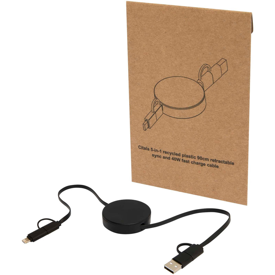 Cavo 5-in-1 in plastica riciclata retrattile da 90 cm per la sincronizzazione dei dati e la ricarica rapida da 40 W Citala personalizzato con logo - Pubblienne