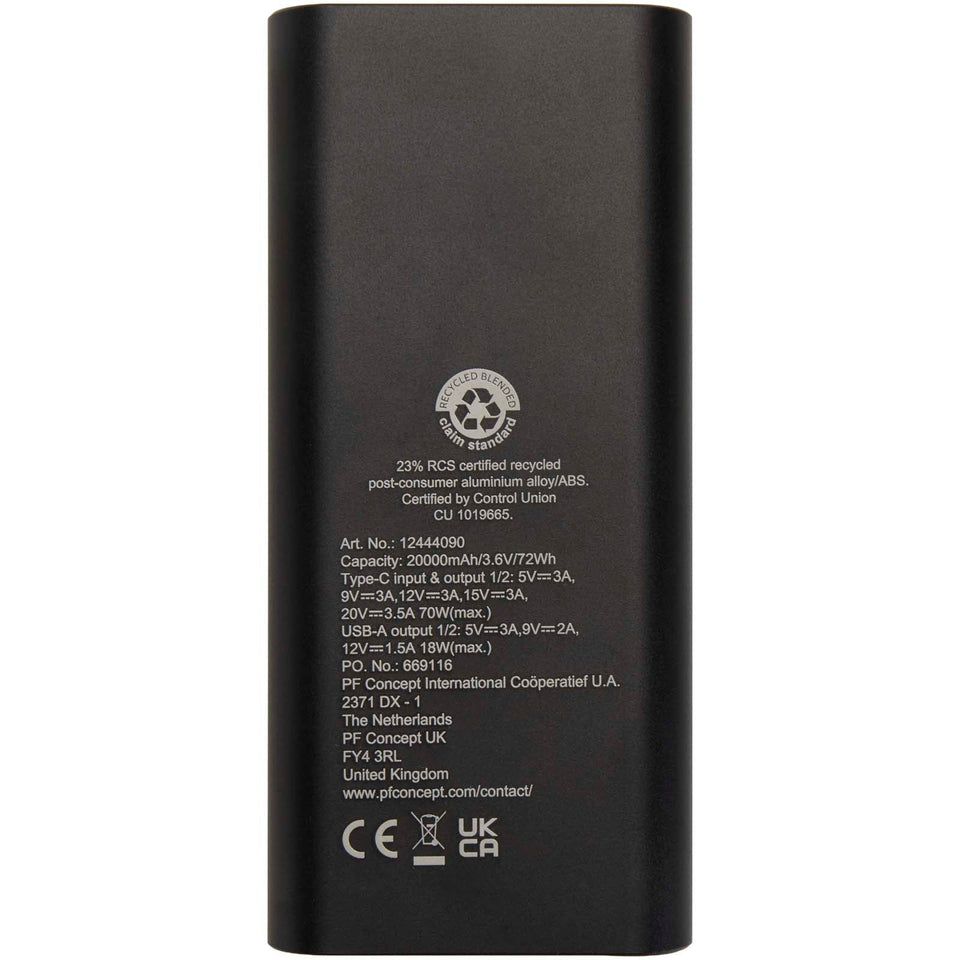 Power bank in alluminio riciclato certificato RCS da 20.000 mAh e 70 W Acamar personalizzato con logo - Pubblienne