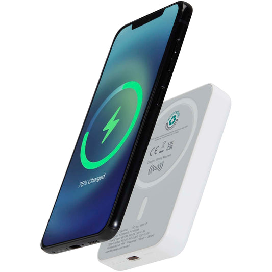Power bank magnetico wireless da 5.000 mAh e 15 W con 20 W PD in plastica riciclata Acrab personalizzato con logo - Pubblienne