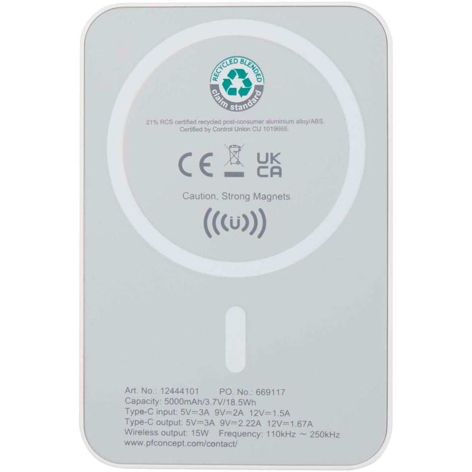 Power bank magnetico wireless da 5.000 mAh e 15 W con 20 W PD in plastica riciclata Acrab personalizzato con logo - Pubblienne
