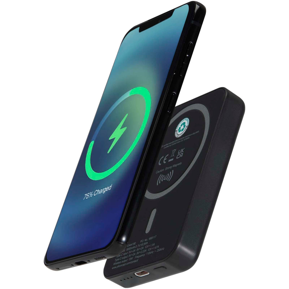 Power bank magnetico wireless da 5.000 mAh e 15 W con 20 W PD in plastica riciclata Acrab personalizzato con logo - Pubblienne