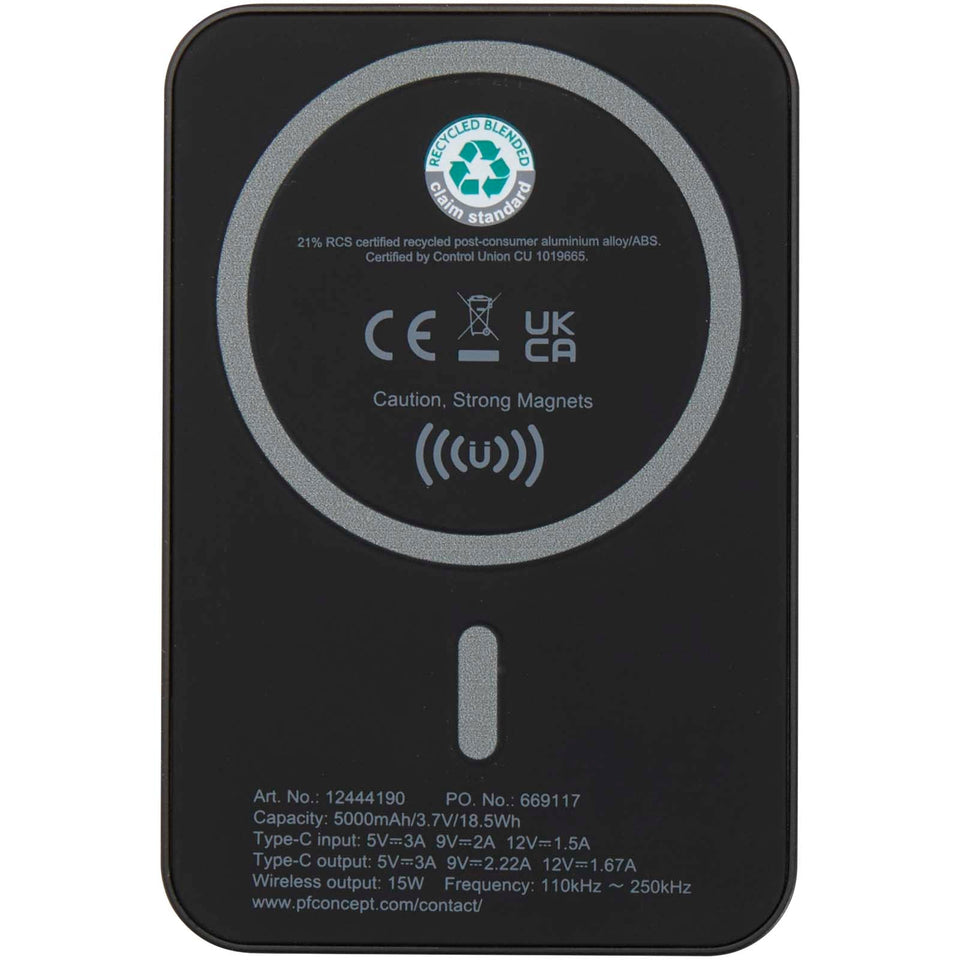 Power bank magnetico wireless da 5.000 mAh e 15 W con 20 W PD in plastica riciclata Acrab personalizzato con logo - Pubblienne