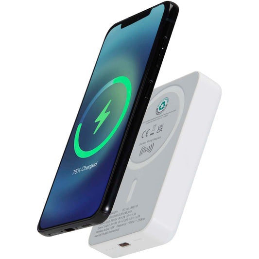 Power bank magnetico wireless da 10.000 mAh e 15 W con 20 W PD in plastica riciclata Acrab personalizzato con logo - Pubblienne
