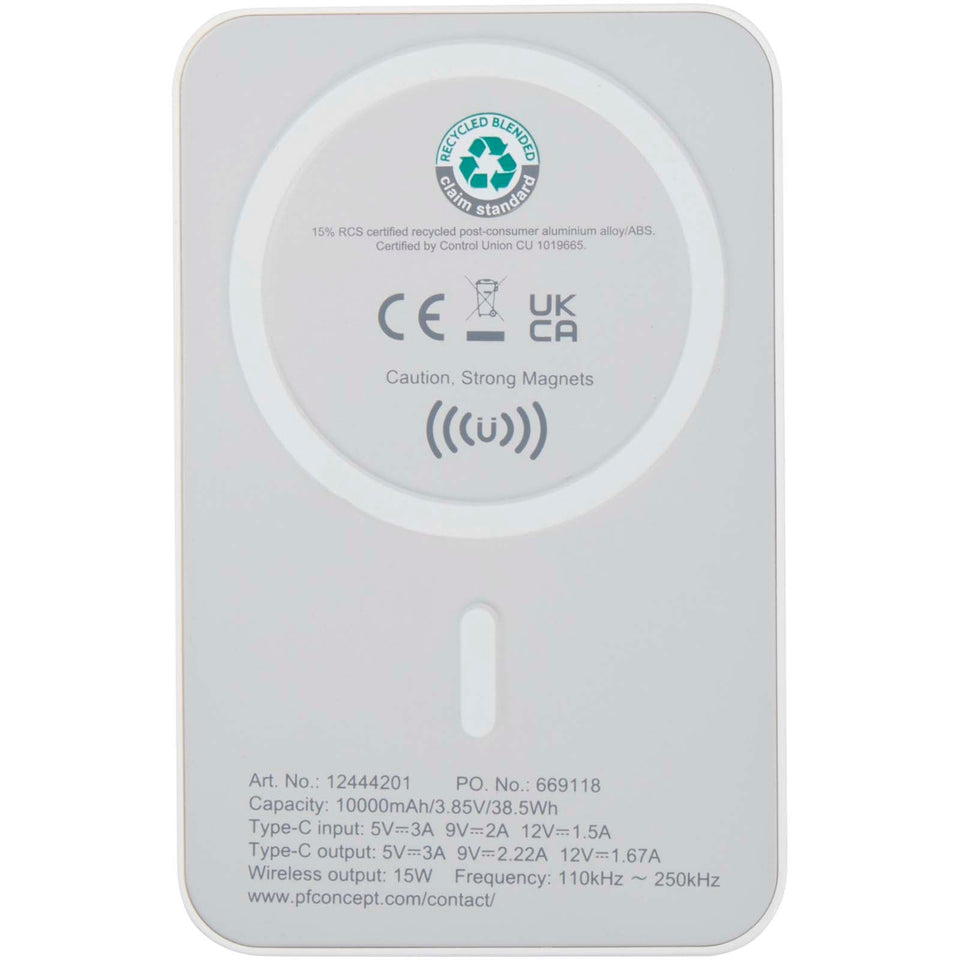 Power bank magnetico wireless da 10.000 mAh e 15 W con 20 W PD in plastica riciclata Acrab personalizzato con logo - Pubblienne