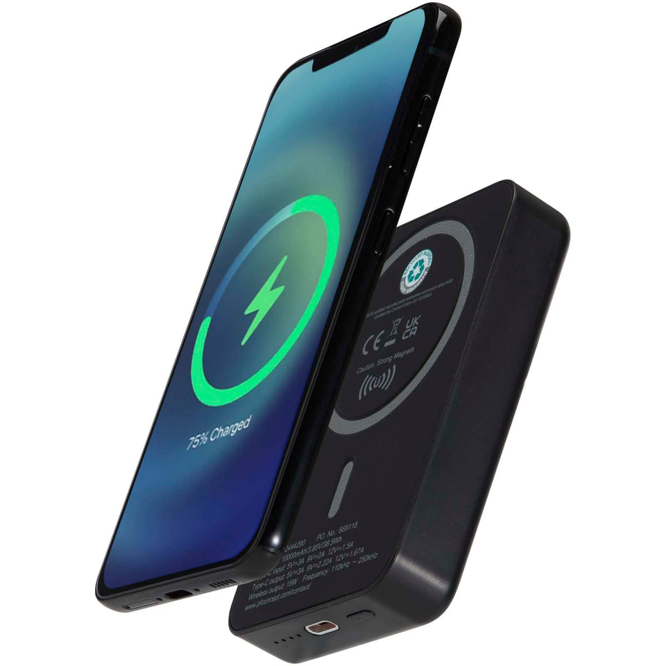 Power bank magnetico wireless da 10.000 mAh e 15 W con 20 W PD in plastica riciclata Acrab personalizzato con logo - Pubblienne