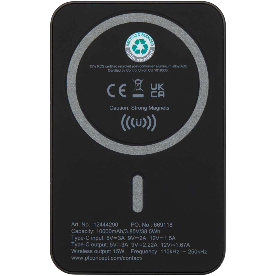 Power bank magnetico wireless da 10.000 mAh e 15 W con 20 W PD in plastica riciclata Acrab personalizzato con logo - Pubblienne