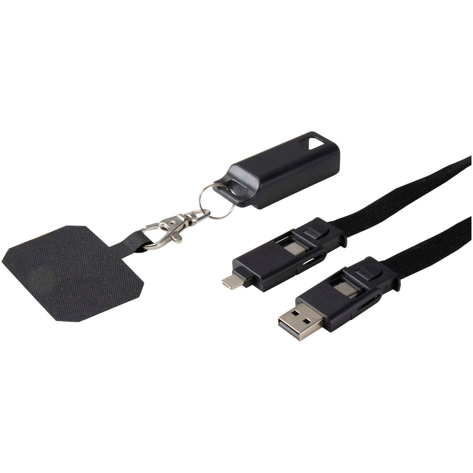 Lanyard per smartphone in plastica riciclata con cavo integrato per la sincronizzazione dati e la ricarica rapida 5 in 1 da 6 personalizzato con logo - Pubblienne