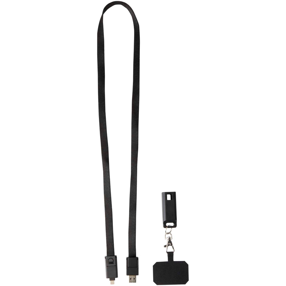 Lanyard per smartphone in plastica riciclata con cavo integrato per la sincronizzazione dati e la ricarica rapida 5 in 1 da 6 personalizzato con logo - Pubblienne