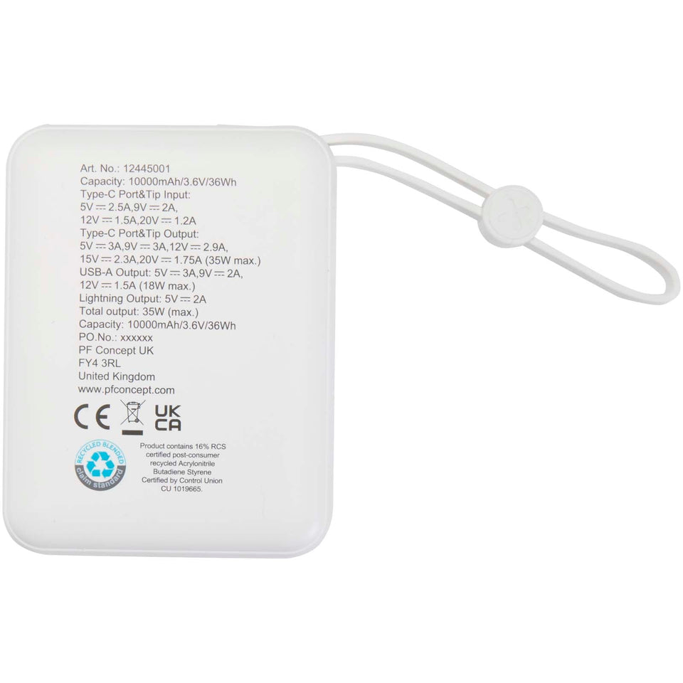 Power bank per tablet da 10.000 mAh e 35 W con cavo Tipo-C integrato in plastica riciclata Acrux personalizzato con logo - Pubblienne