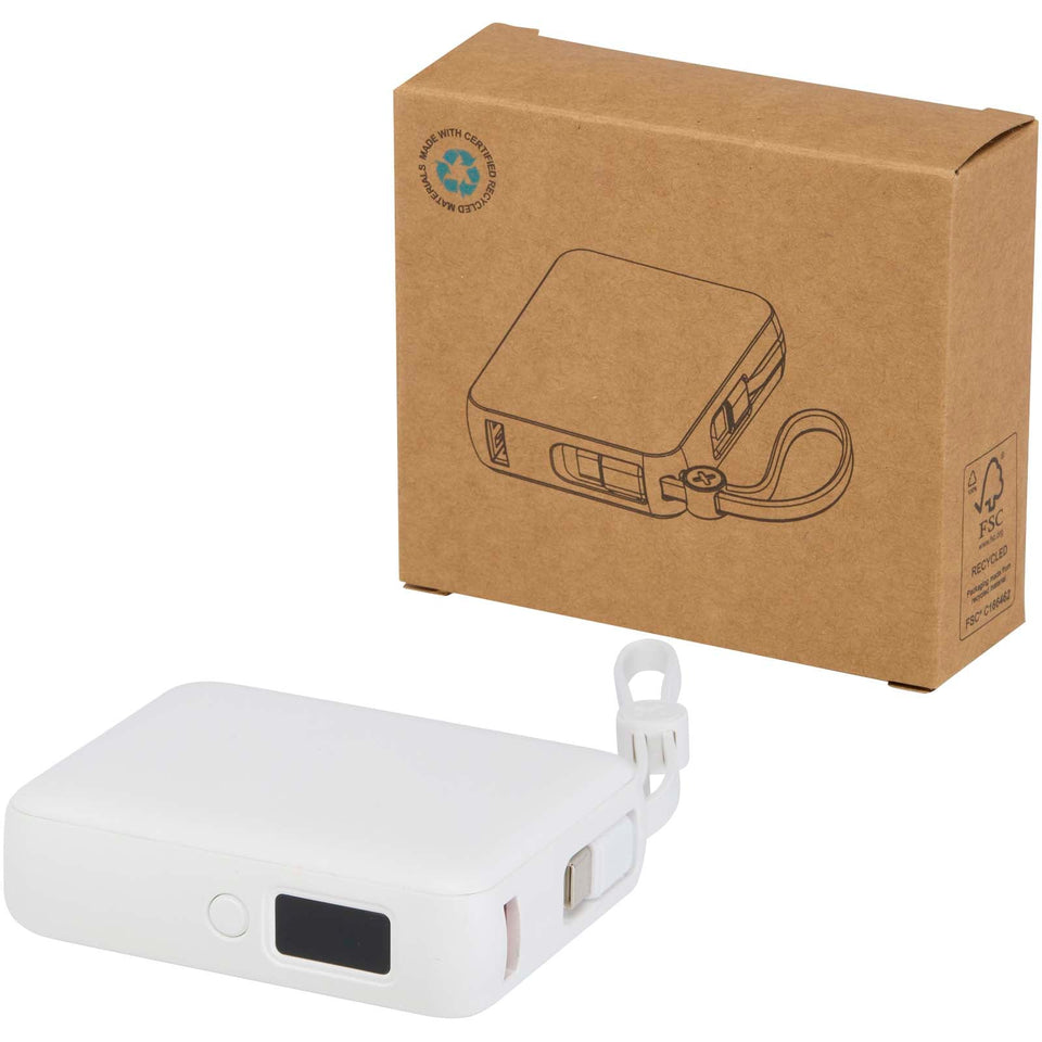 Power bank per tablet da 10.000 mAh e 35 W con cavo Tipo-C integrato in plastica riciclata Acrux personalizzato con logo - Pubblienne