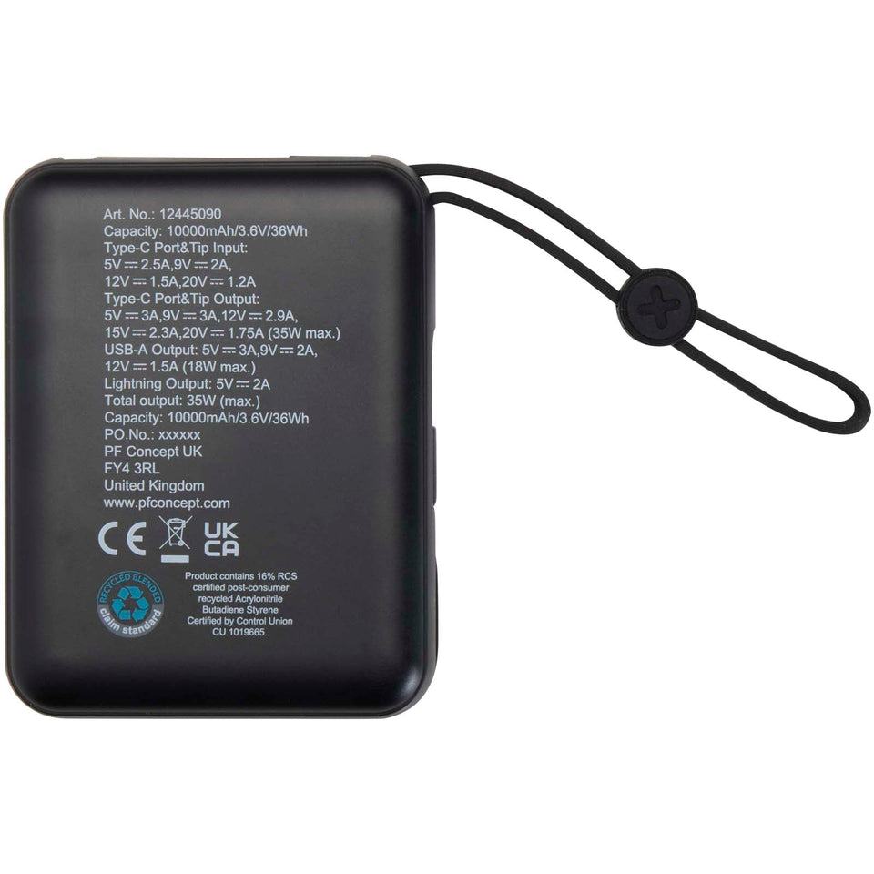 Power bank per tablet da 10.000 mAh e 35 W con cavo Tipo-C integrato in plastica riciclata Acrux personalizzato con logo - Pubblienne
