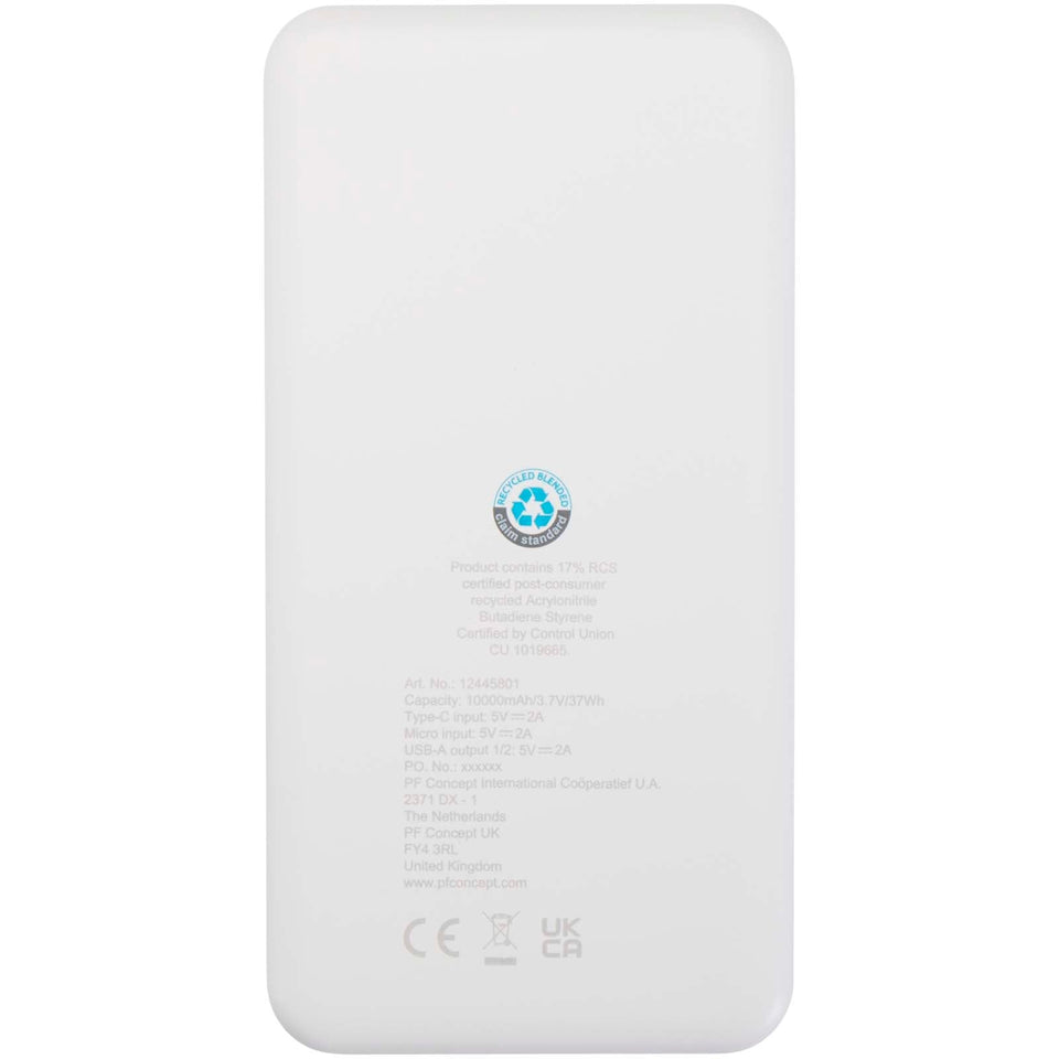 Power bank da 10.000 mAh e 10 W in plastica riciclata Intan personalizzato con logo - Pubblienne