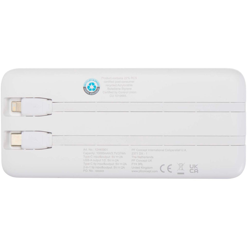 Power bank da 10.000 mAh e 10 W in plastica riciclata con 2 cavi integrati Adhil personalizzato con logo - Pubblienne