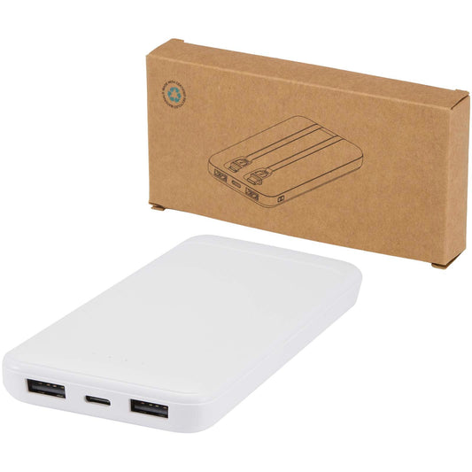 Power bank da 10.000 mAh e 10 W in plastica riciclata con 2 cavi integrati Adhil personalizzato con logo - Pubblienne