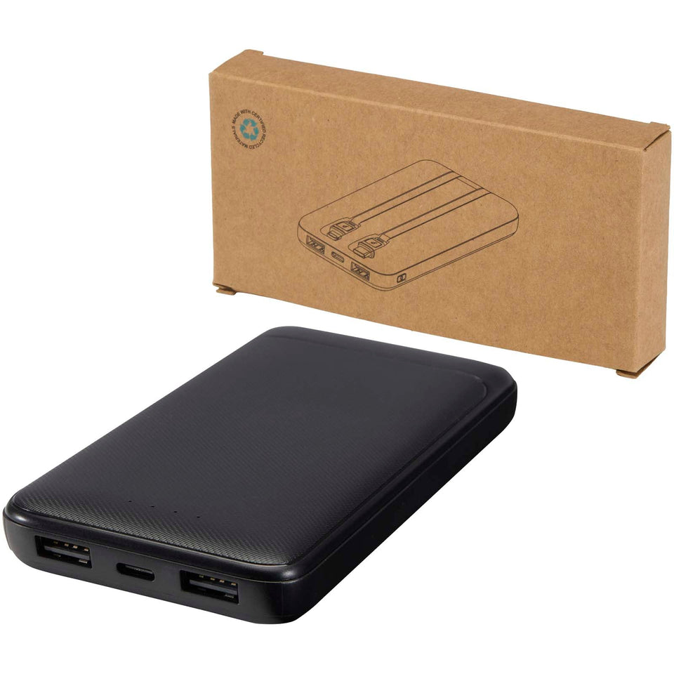 Power bank da 10.000 mAh e 10 W in plastica riciclata con 2 cavi integrati Adhil personalizzato con logo - Pubblienne