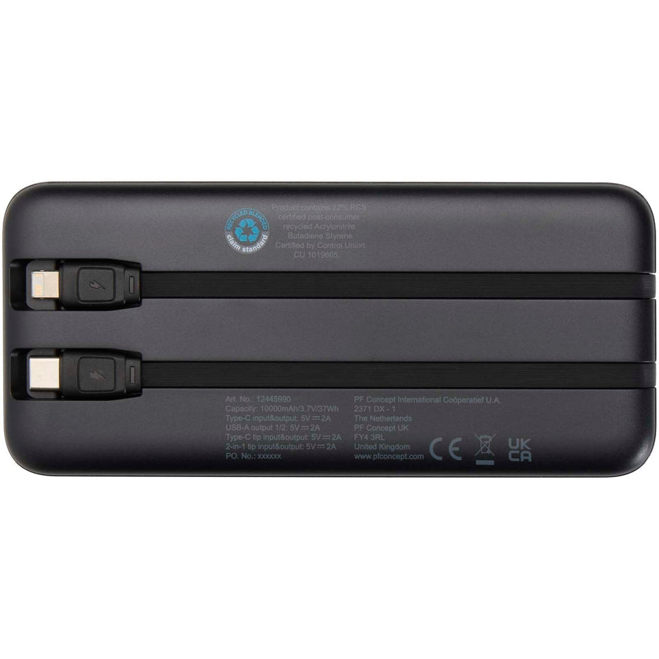 Power bank da 10.000 mAh e 10 W in plastica riciclata con 2 cavi integrati Adhil personalizzato con logo - Pubblienne