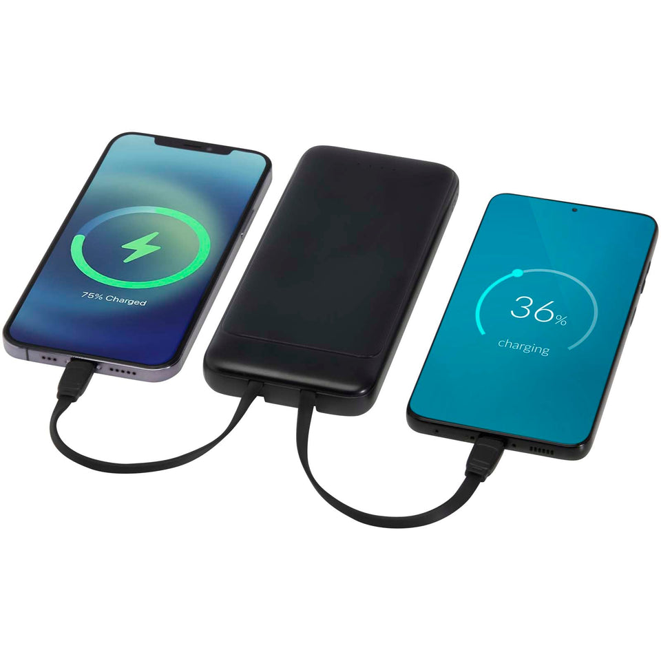 Power bank da 10.000 mAh e 10 W in plastica riciclata con 2 cavi integrati Adhil personalizzato con logo - Pubblienne