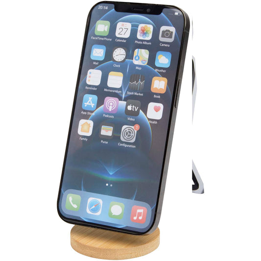 Supporto magnetico per telefono pieghevole in plastica riciclata con dettagli in bambù Alcor personalizzato con logo - Pubblienne