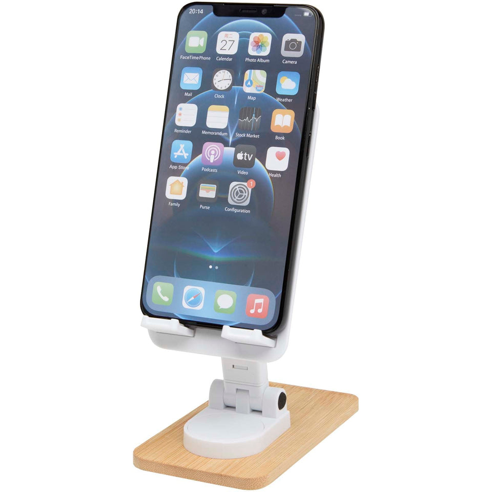 Supporto per telefono da tavolo pieghevole in plastica riciclata con dettagli in bambù Alfirk personalizzato con logo - Pubblienne