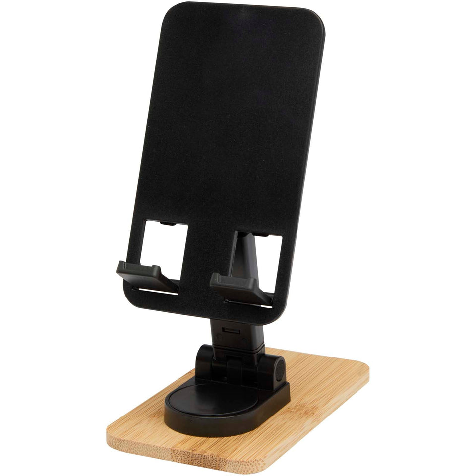 Supporto per telefono da tavolo pieghevole in plastica riciclata con dettagli in bambù Alfirk personalizzato con logo - Pubblienne