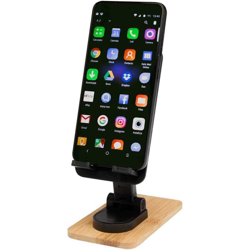 Supporto per telefono da tavolo pieghevole in plastica riciclata con dettagli in bambù Alfirk personalizzato con logo - Pubblienne